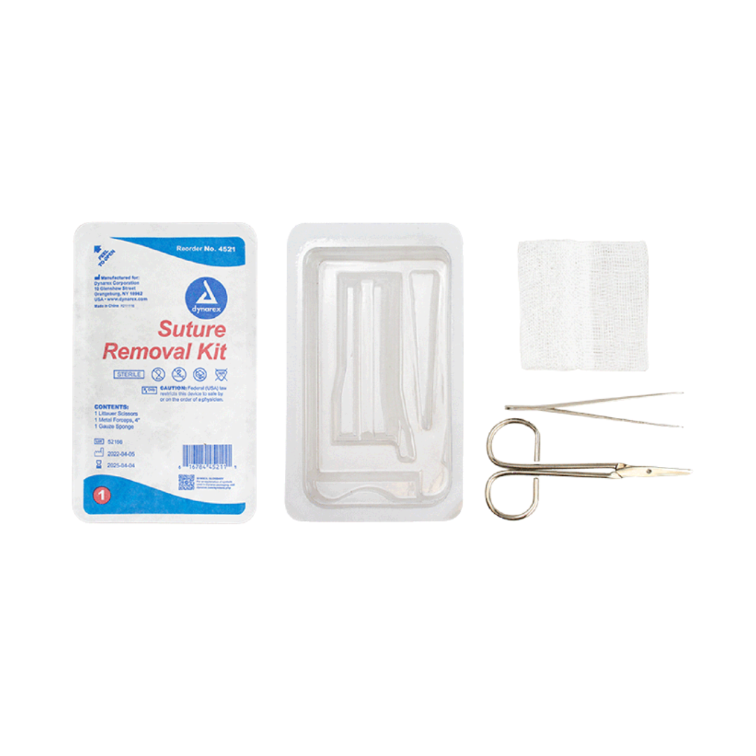 A Dynarex Staple & Suture Removal Kit is displayed with an instruction card, plastic tray, scissors, tweezers, and folded gauze—all neatly arranged on a white background. These kits provide convenient and reliable wound care.